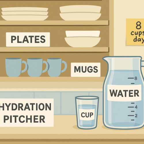 Label cupboards and drawers with large, plain words + simple icons (“MUGS,” “PLATES”).