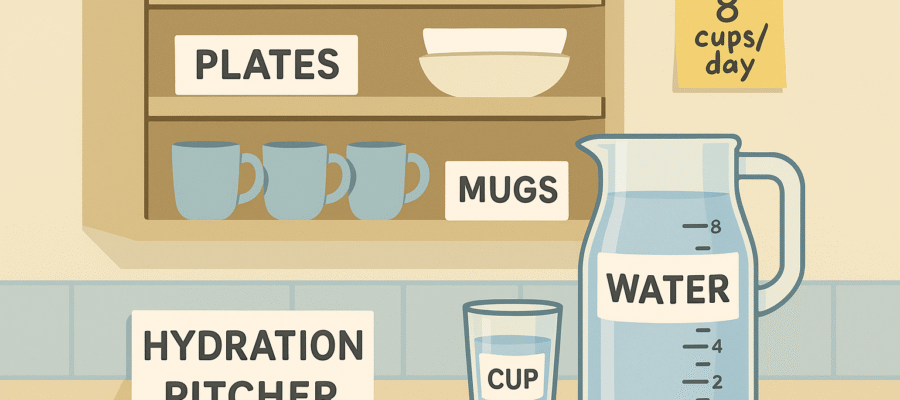Label cupboards and drawers with large, plain words + simple icons (“MUGS,” “PLATES”).